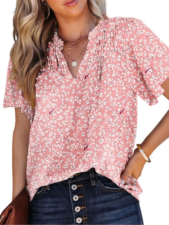 Source Unknown Tops - Floral Top Blouse Pink Smocking Flutter Sleeves Lined 2XL Plus Size